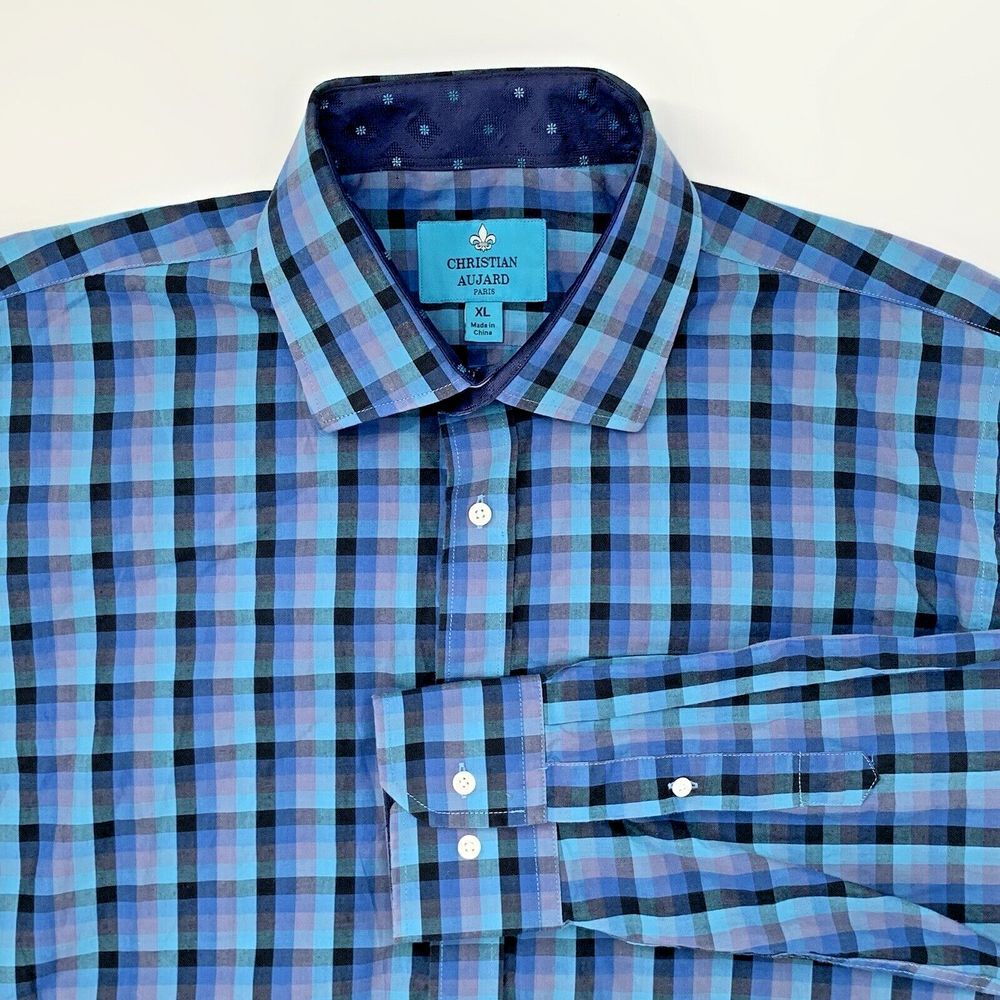 Christian Aujard Blue Plaid Long Sleeve Button Up Flip Cuff Men's‎ Shirt Size XL